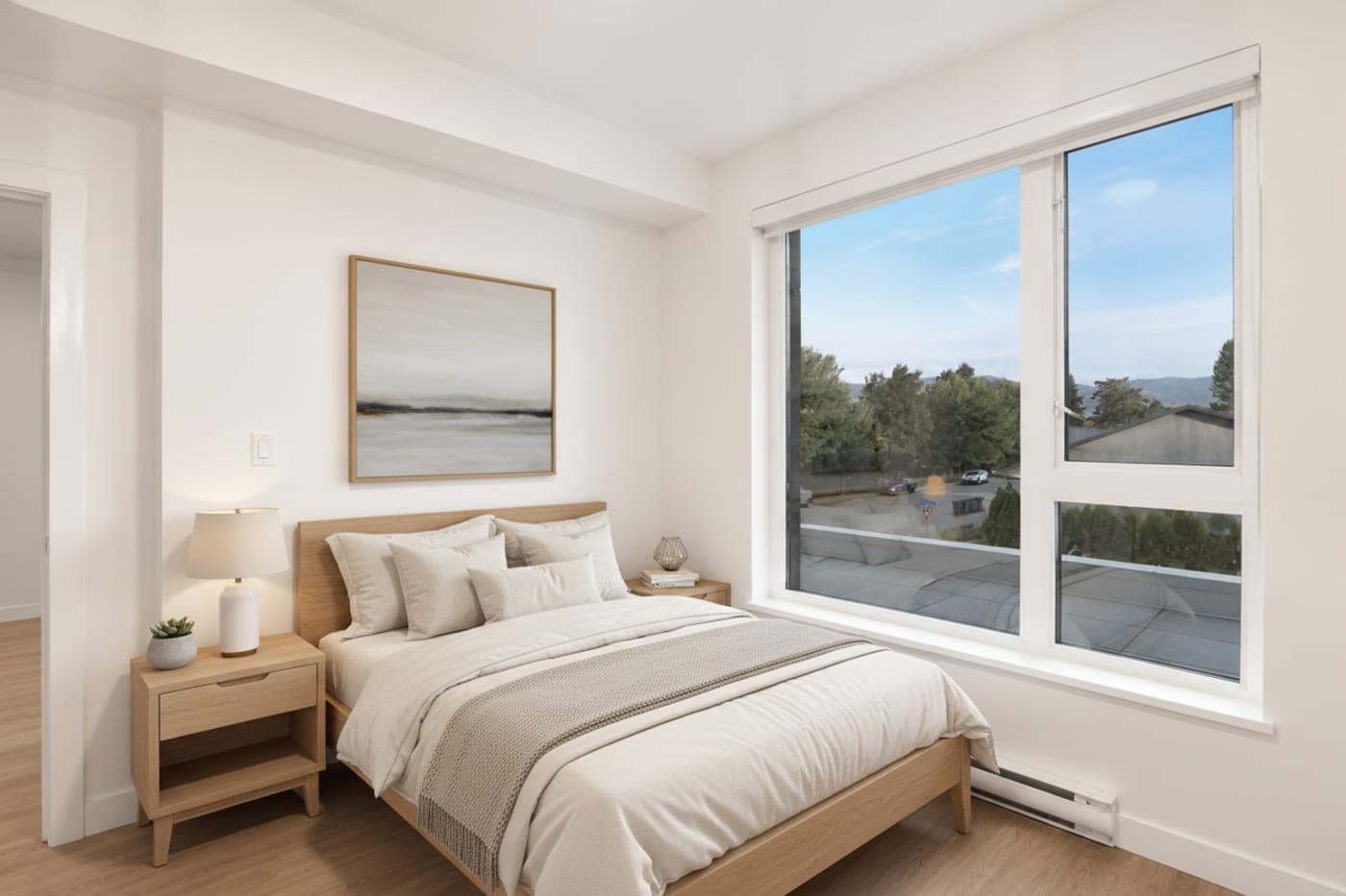 Bedroom with a window seat — virtually staged